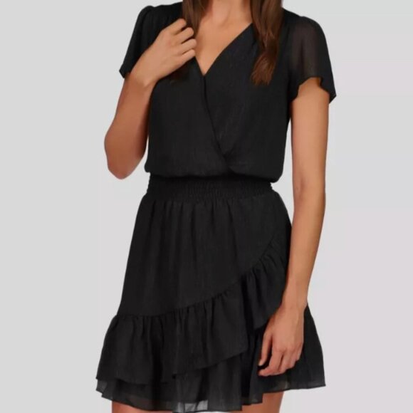 Michael Kors Black Metallic Crinkled Georgette Ruffled Wrap Dress Size Medium - Picture 3 of 11